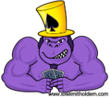 Low Limit Holdem purple ape mascot wearing a yellow spade hat and holding playing cards