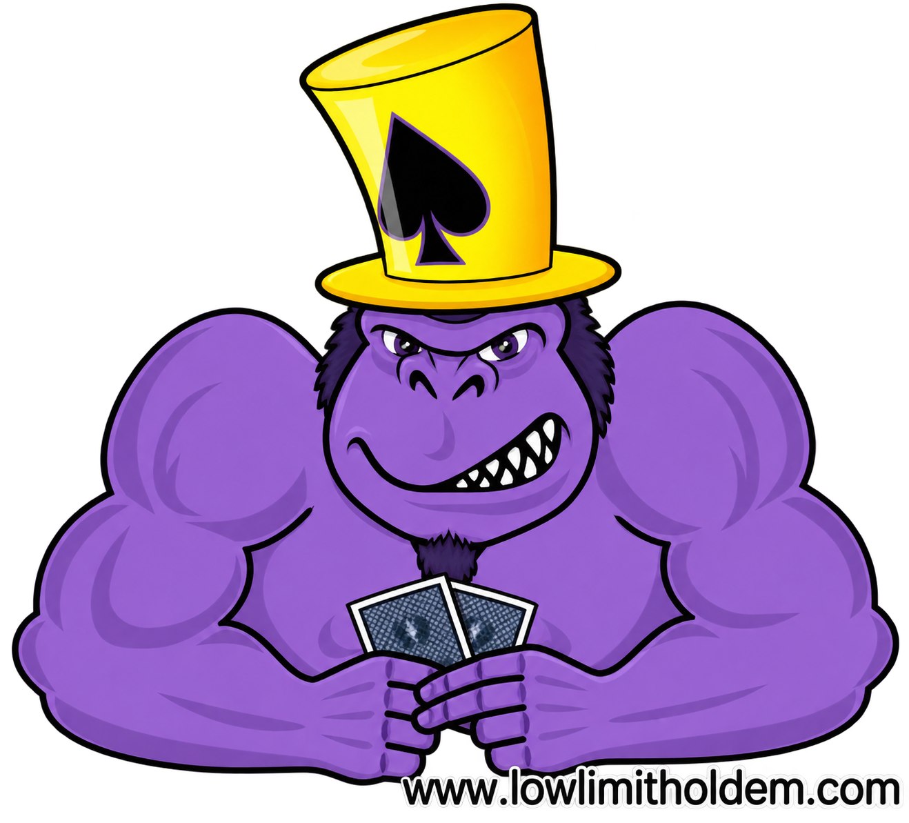 Low Limit Holdem purple ape mascot wearing a yellow spade hat and holding playing cards